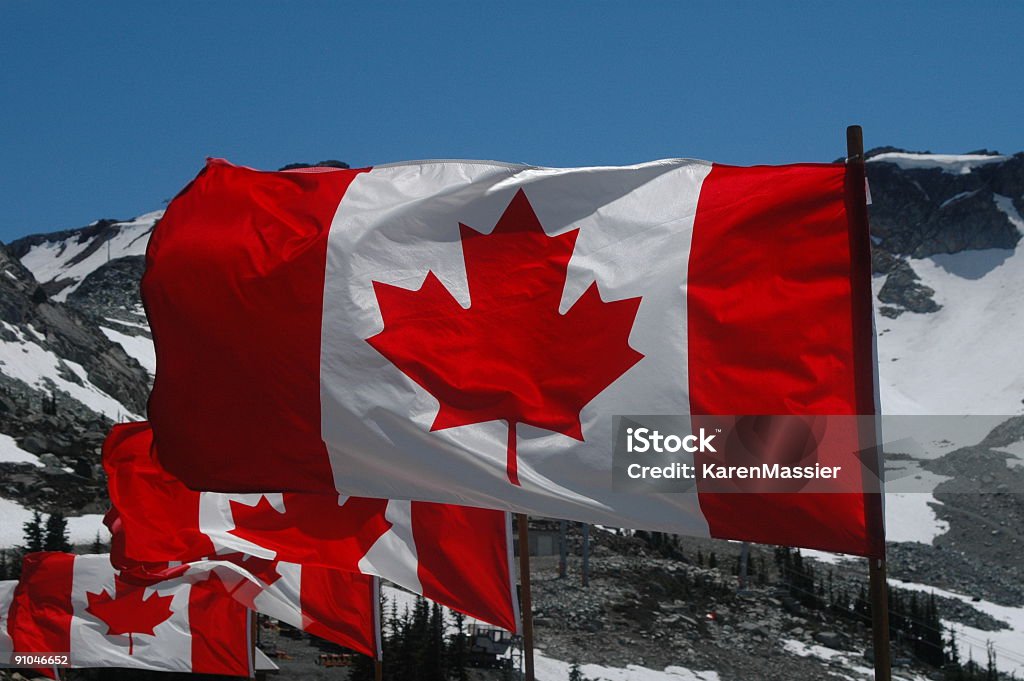 Canada Flags Canada Falgs at the top of Whistler Mountain. Canada Stock Photo
