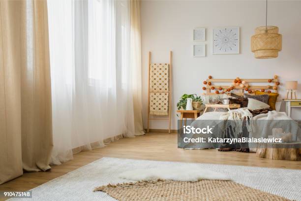 Hygge Style Bedroom Interior Stock Photo - Download Image Now - Curtain, Winter, Domestic Room