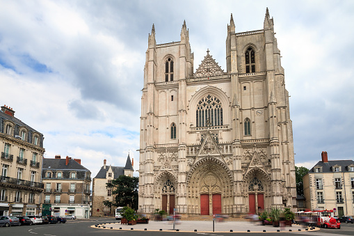 Beautiful cityscape front view of the Nantes Cathedral, aka the Cathedral of St. Peter and St. Paul of Nantes (Cathédrale Saint-Pierre-et-Saint-Paul de Nantes), a Roman Catholic church in Nantes, France