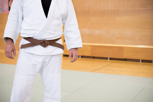 istock Unrecognizable Judoist in White Kimono and Brown Belt 910485024