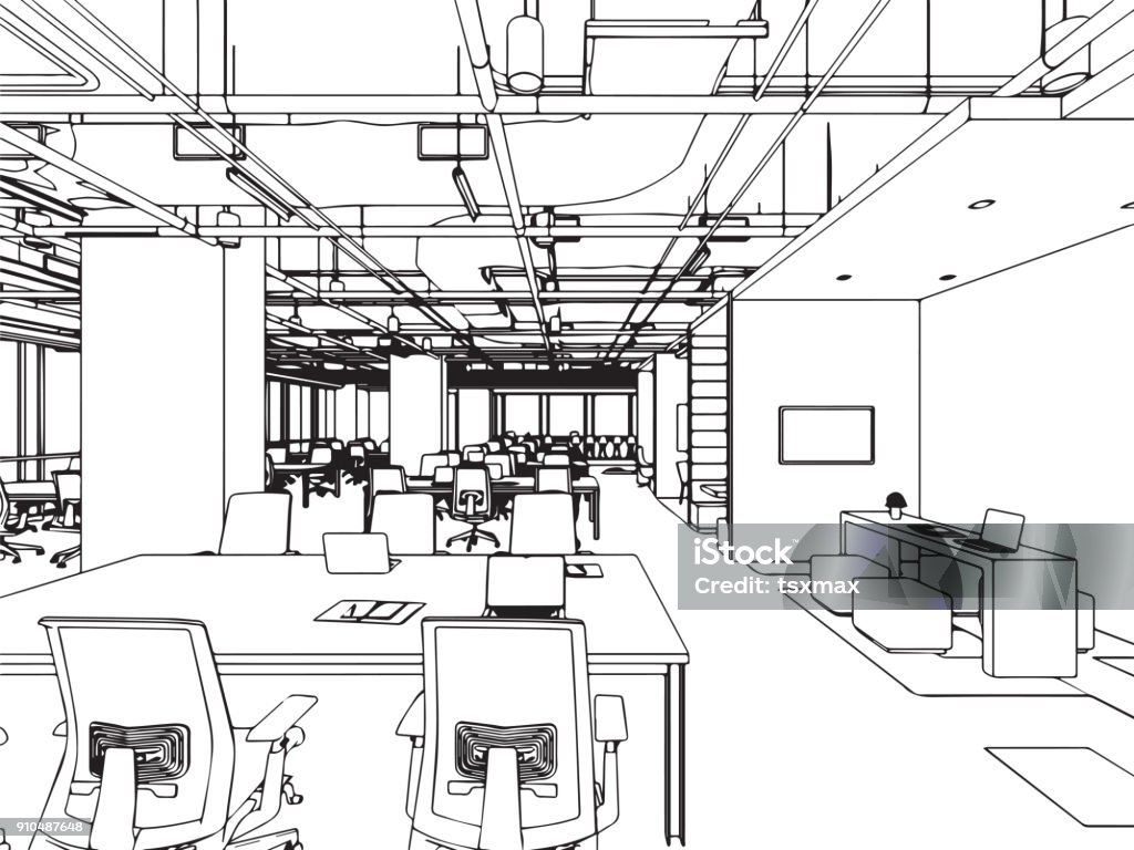 Interior Outline Sketch Drawing Perspective Office Vector Eps Format ...