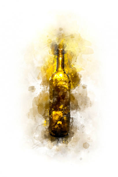 ilustrações, clipart, desenhos animados e ícones de ilustração criativa - garrafa de vinho - isolada - pintura aquarela digital - tempera painting paint art bottle