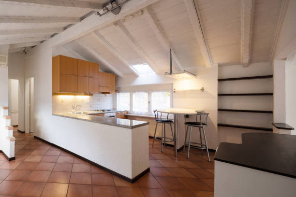 istock Vintage wooden kitchen and stools 910503378