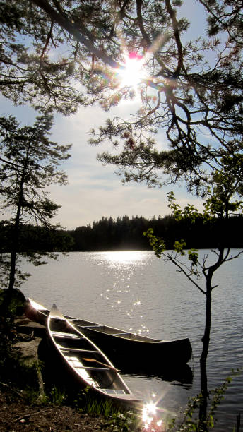 istock Canoes resting on bank whilst sun setting in Sweden 910503502