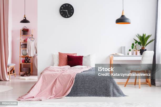 Pink Bedroom Interior With Chair Stock Photo - Download Image Now - Bedroom, Pink Color, Wall - Building Feature