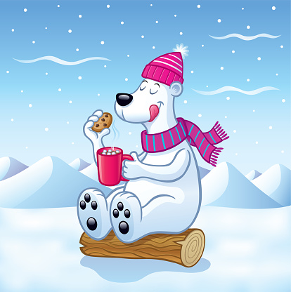 Cartoon of a polar bear sitting on a log with hot cocoa with marshmallows and chocolate chip cookie in the snow.