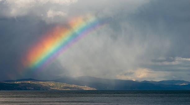 istock A rainbow against a cloudy sky over the water 91050586