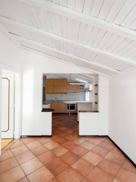 istock Vintage wooden kitchen and stools 910505886