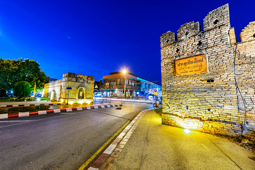 Chiang Mai Gate. West Gate of Chiang Mai Old City. Located in Chiang Mai, Thailand. Text on the board translating into English is Chiang Mai Gate.