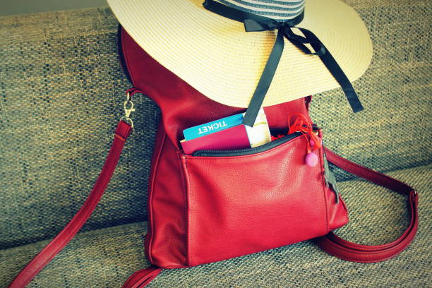istock Women summer outfit: backpack, hat . Traveling background and tourist stuffs 910510518