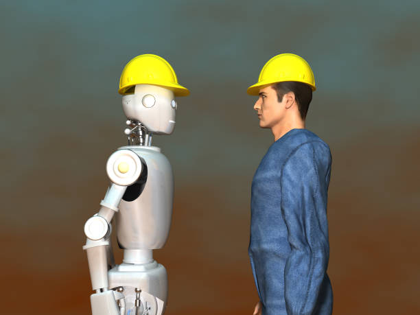 istock 3d illustration of a worker and a robot 910519928