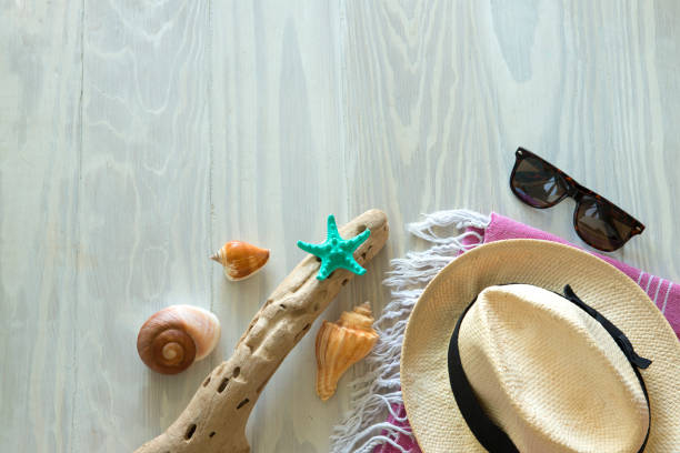 istock Beach Gear and Sea Shells on Wooden Surface for Backgrounds 910524310