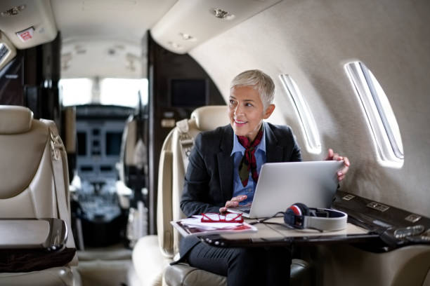 istock Businesswoman in private jet airplane 910524638
