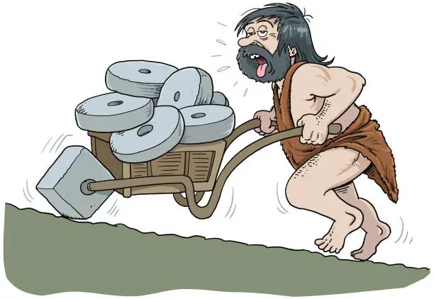 Vector illustration of Caverman pushing square cart