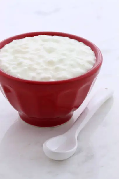 Delicious, nutritious and healthy fresh cottage cheese on vintage carrara marble setting.