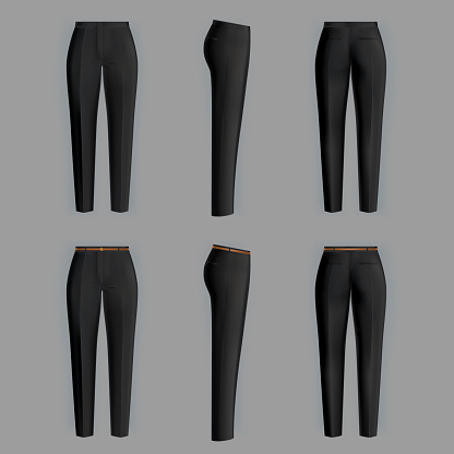 Vector realistic black trousers for women isolated on gray background. Formal, straight female pants 3d illustration. Two models, clean and ironed, with belt and without it. Mockup for your design