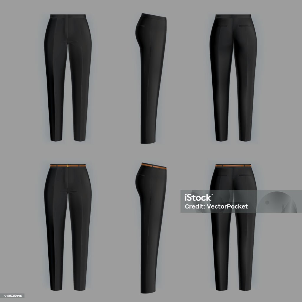 Vector realistic formal trousers for women Vector realistic black trousers for women isolated on gray background. Formal, straight female pants 3d illustration. Two models, clean and ironed, with belt and without it. Mockup for your design Pants stock vector