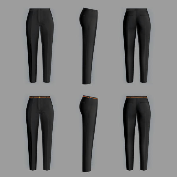 Vector realistic formal trousers for women Vector realistic black trousers for women isolated on gray background. Formal, straight female pants 3d illustration. Two models, clean and ironed, with belt and without it. Mockup for your design trousers stock illustrations