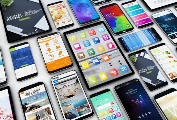 istock 3d rendering of devices collection showing apps and websites. Communications concept. 910535782