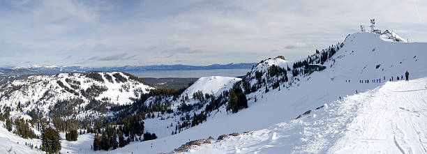 Skiing at the top of Lake Tahoe stock photo