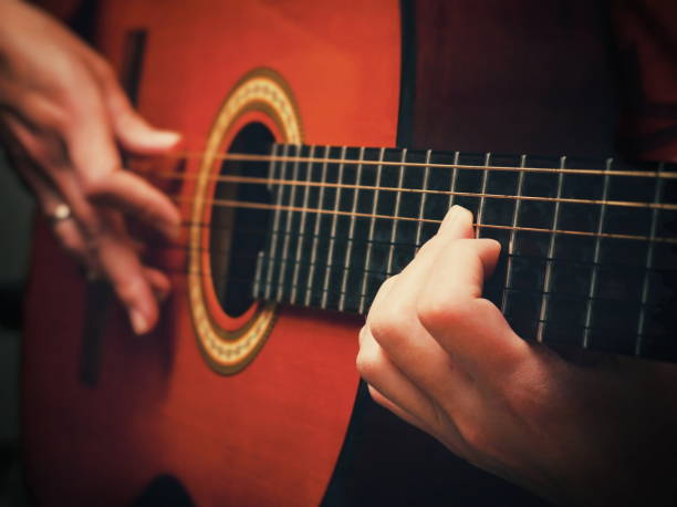 istock Guitar in the hands. Plays guitar. Guitar Strings. Guitar in vintage style 910542414