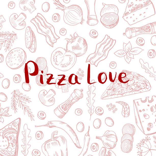 illustrations, cliparts, dessins animés et icônes de main de vecteur dessiné fond d’éléments cuisson pizza - old fashioned pizza label design element