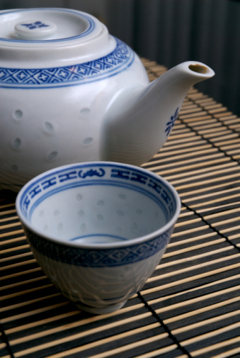 Closeup of Hot Chinese Oolong Teacups and Teapot