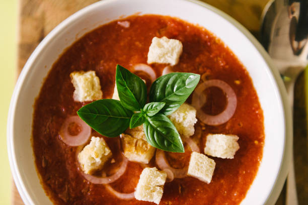 istock Fresh, healthy, spicy, cold, tomato homemade gazpacho soup 910546558