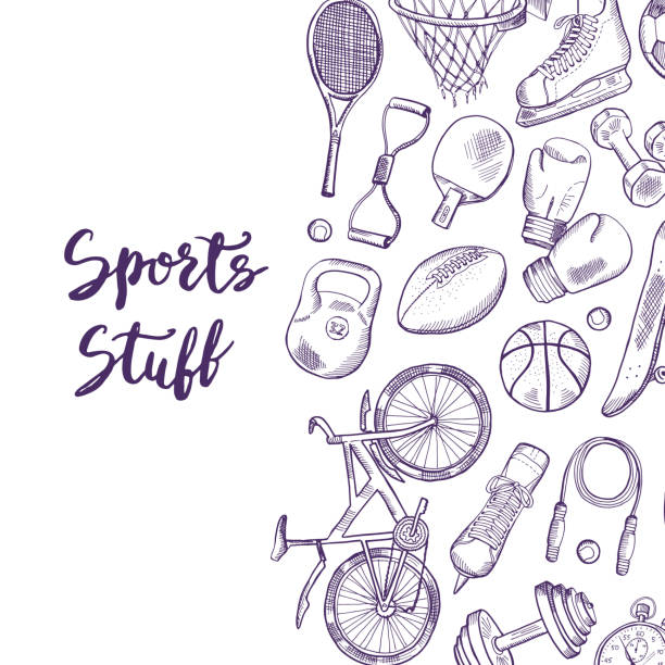 Vector hand drawn sports equipment Vector hand drawn contoured sports equipment background illustration with place for text sport drawings stock illustrations