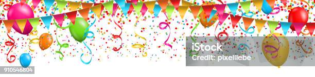 Colorful Confetti With Streamers And Balloons On White Background Stock Illustration - Download Image Now