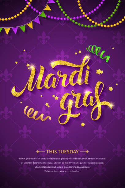 Mardi Gras logo. Mardi gras logo with golden hand written lettering, beads, ribbons and stars on traditional purple background. Fat tuesday greeting card mardi gras stock illustrations