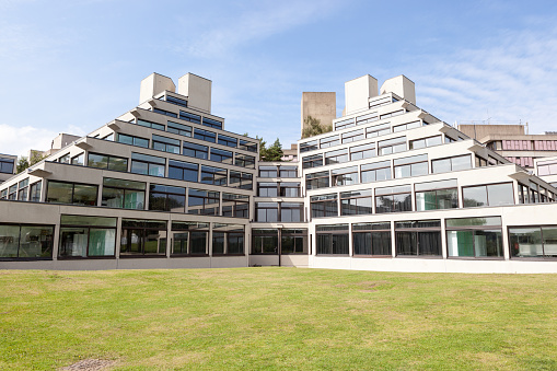 Iconic students' residential block, designed by Denys Lasdun, one of many on the campus at the University of East Anglia, Norwich, UK.