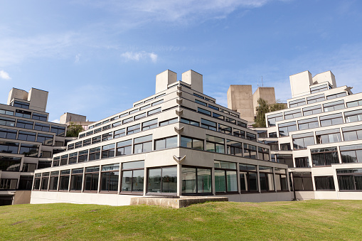 Iconic students' residential block, designed by Denys Lasdun, one of many on the campus at the University of East Anglia, Norwich, UK.