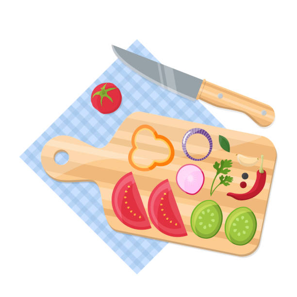 Cooking food concept. Natural vegetables with cutting board and knif Cooking food concept. Natural farm vegetables and spices with cutting board and knif. Vector illustration. knif stock illustrations