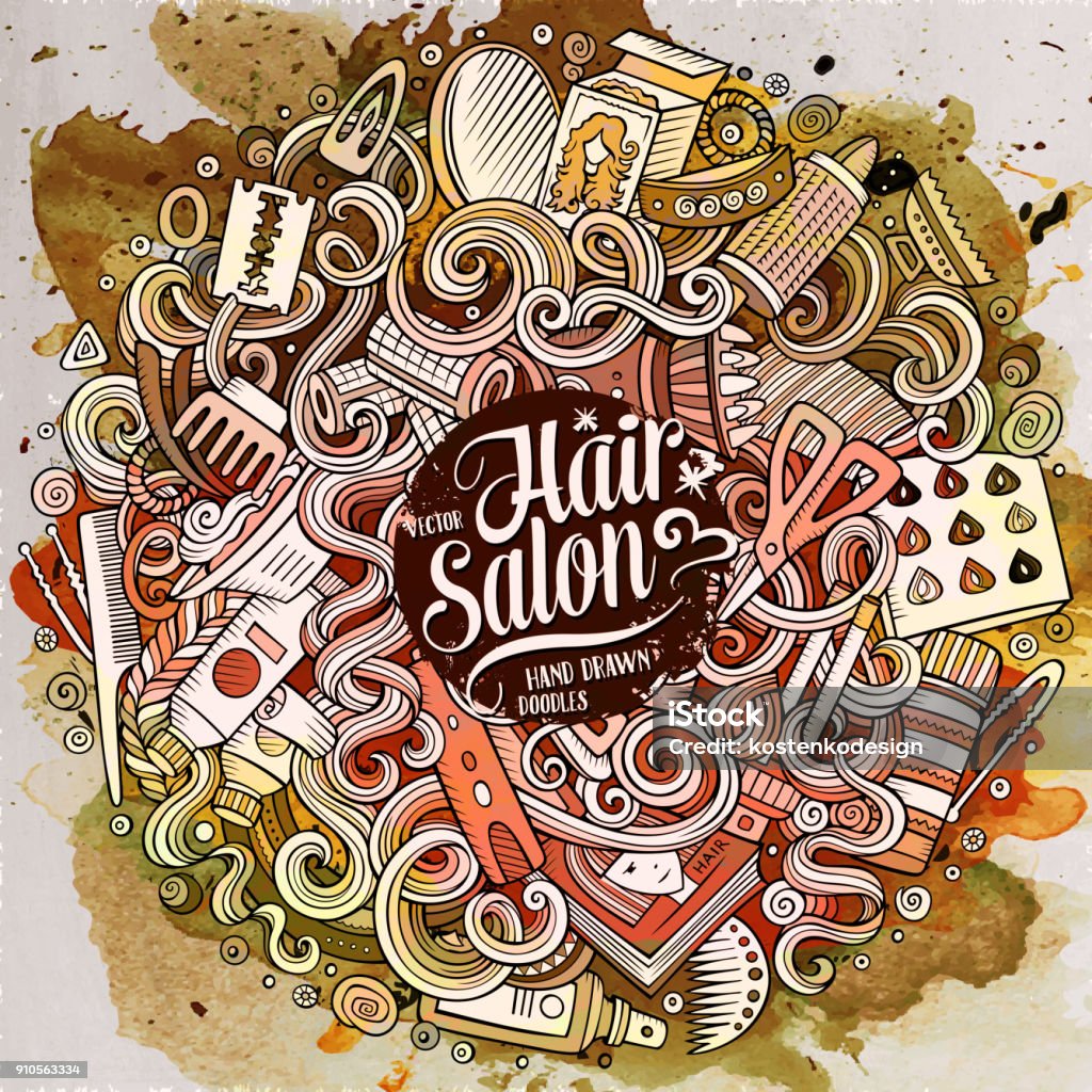 Cartoon doodles Hair salon illustration Cartoon cute doodles hand drawn Hair salon illustration. Watercolor detailed, with lots of objects background. Funny vector artwork. Artistic picture with barber shop items Adult stock vector