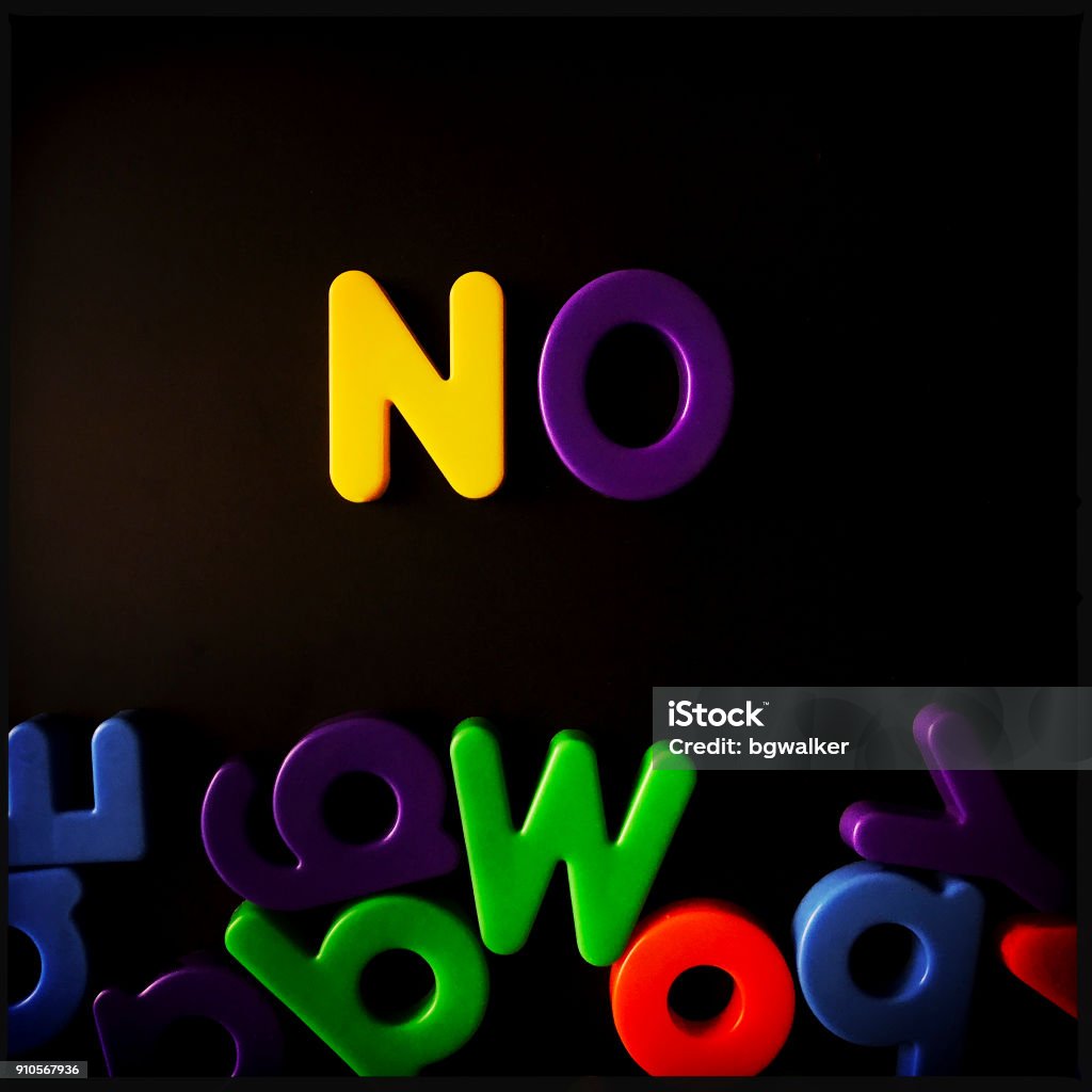 Word No in Plastic Letters Word no in plastic letters on black.  iPhone Alphabet Stock Photo