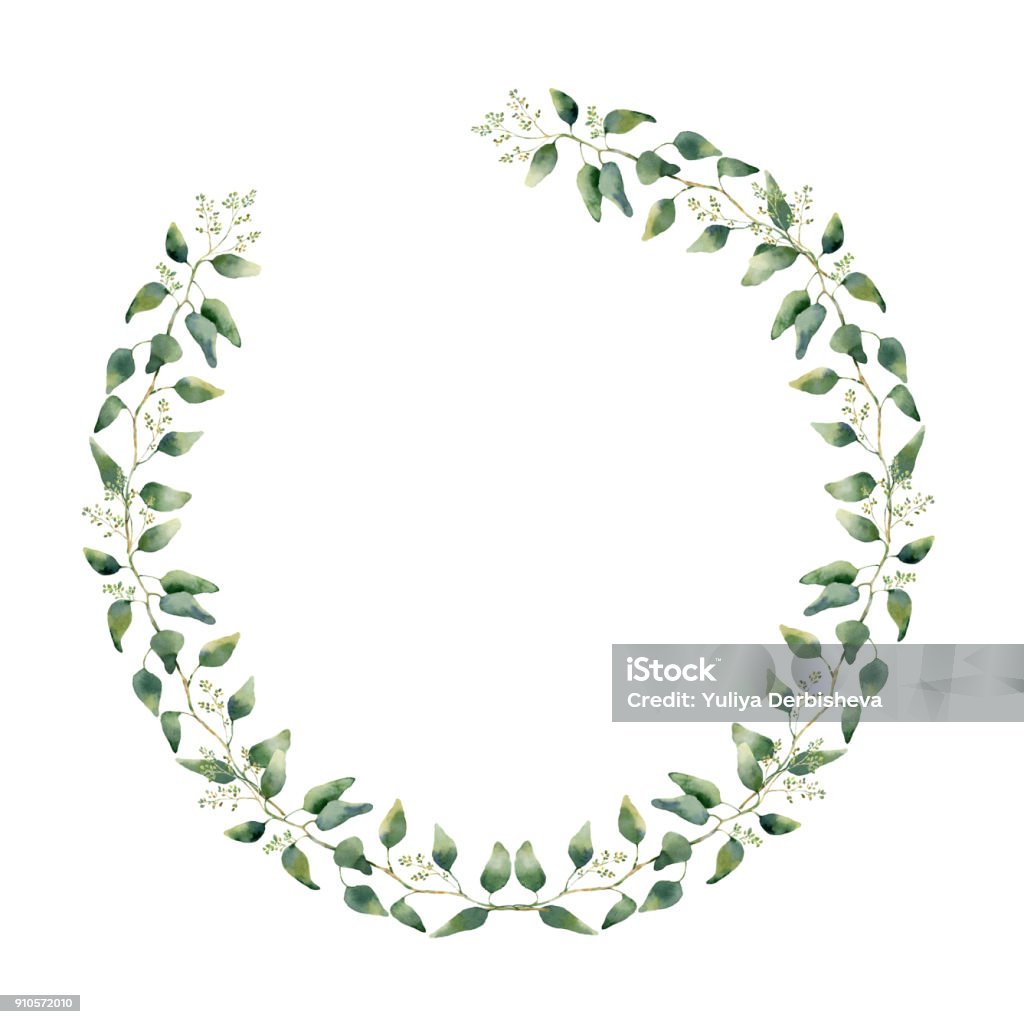 유 칼 리 나무 잎과 꽃으로 수채화 꽃 테두리입니다 손으로 그린 흰색 배경에 고립의 화 환 지점 디자인에 대 한 또는 가을에 대한 스톡  벡터 아트 및 기타 이미지 - Istock