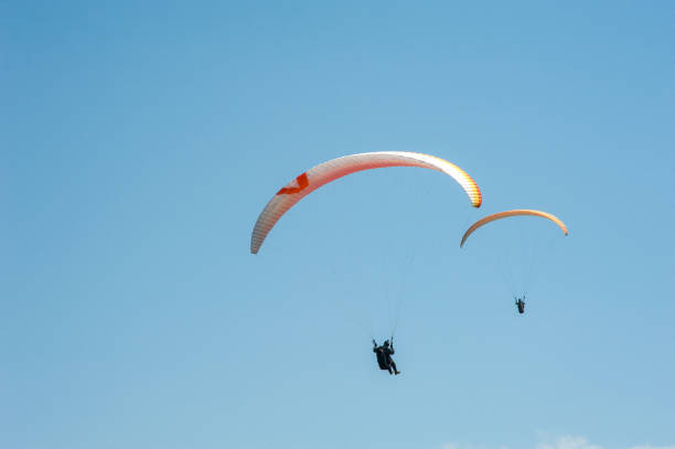 istock Two paragliders flying on the background of blue sky. 910574782