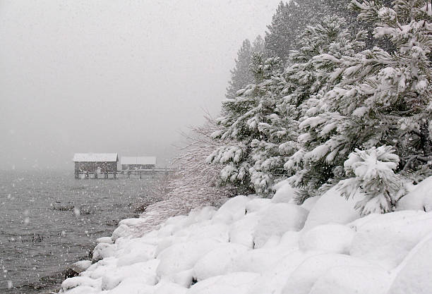 Snowstorm at Lake Tahoe stock photo