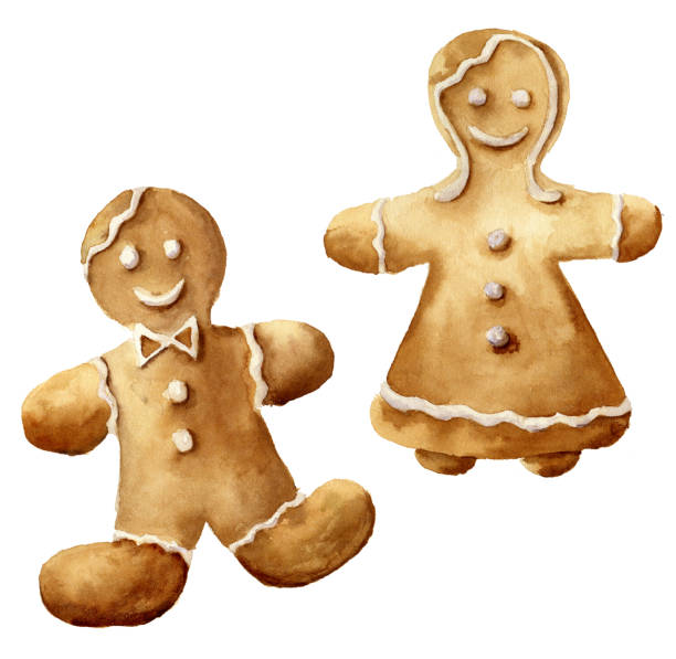 ilustraciones, imágenes clip art, dibujos animados e iconos de stock de set acuarela hombre de jengibre de navidad. hombre de jengibre de pintado a mano y las mujeres aisladas sobre fondo blanco. para el diseño, de fondo o de impresión - cake old fashioned gift women