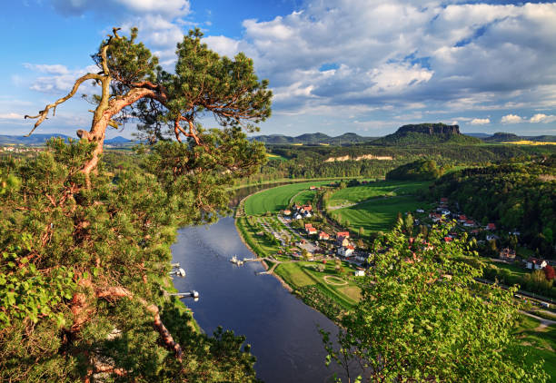 vista del elba y lilienstein montaña en primavera, suiza sajona, alemania - basteifelsen fotografías e imágenes de stock