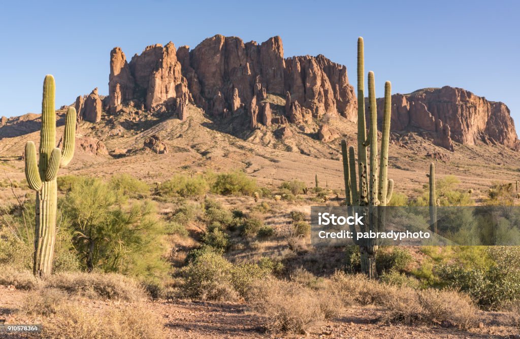 Superstition Mountains of Arizona Superstition Mountains in Lost Dutchman State Park outside of Phoenix, Arizona Desert Area Stock Photo