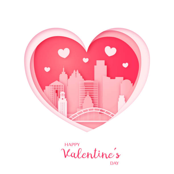 Valentine's card. Paper cut heart and the city Austin. Valentine's card. Paper cut heart and the city Austin. Happy Valentine day. Vector illustration. heart of texas stock illustrations