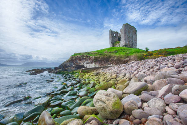 Minard Castle Minard Castle was built by the Knight of Kerry and destroyed by the forces of Oliver Cromwell. Walter Hussey had a garrison in the castle in 1641. The castle was beseiged by Colonels Lehunt and Sadler. The ruins of this castle are located on the Dingle Peninsula in County Kerry, Ireland. dingle bay stock pictures, royalty-free photos & images