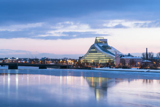 Riga, Latvia - January 1, 2017: Since 2014, the National Library of Latvia is located in a building on Mukusalas Street 3 (Castle of Light). The library building was designed by the internationally acclaimed Latvian-born architect Gunnar Birkerts (USA), and it is among the greatest cultural projects of the 21st century in Latvia.