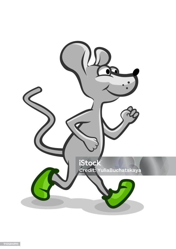 Running Grey Mouse Little grey mouse running in green shoe Mouse - Animal stock vector