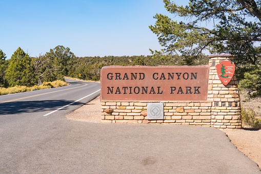 GRAND CANYON, AZ - OCTOBER 22, 2017: Entrance sign to Grand Canyon National Park, Arizona