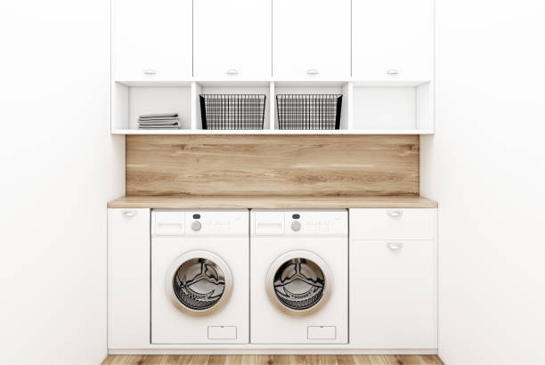 istock Minimalistic washroom interior, wood 910586864