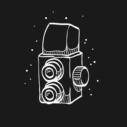 Twin lens reflex camera icon in doodle sketch lines. Vintage retro photography photo mechanical analog film shooting