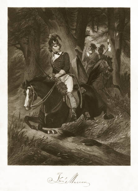 Francis Marion Engraving Very rare, beautifully detailed full length engraved portrait of Francis Marion from National Portrait Gallery of Eminent American, Volume I, Published in 1862. Image also include his signature. Copyright has expired on this artwork. Digitally restored. francis marion stock illustrations